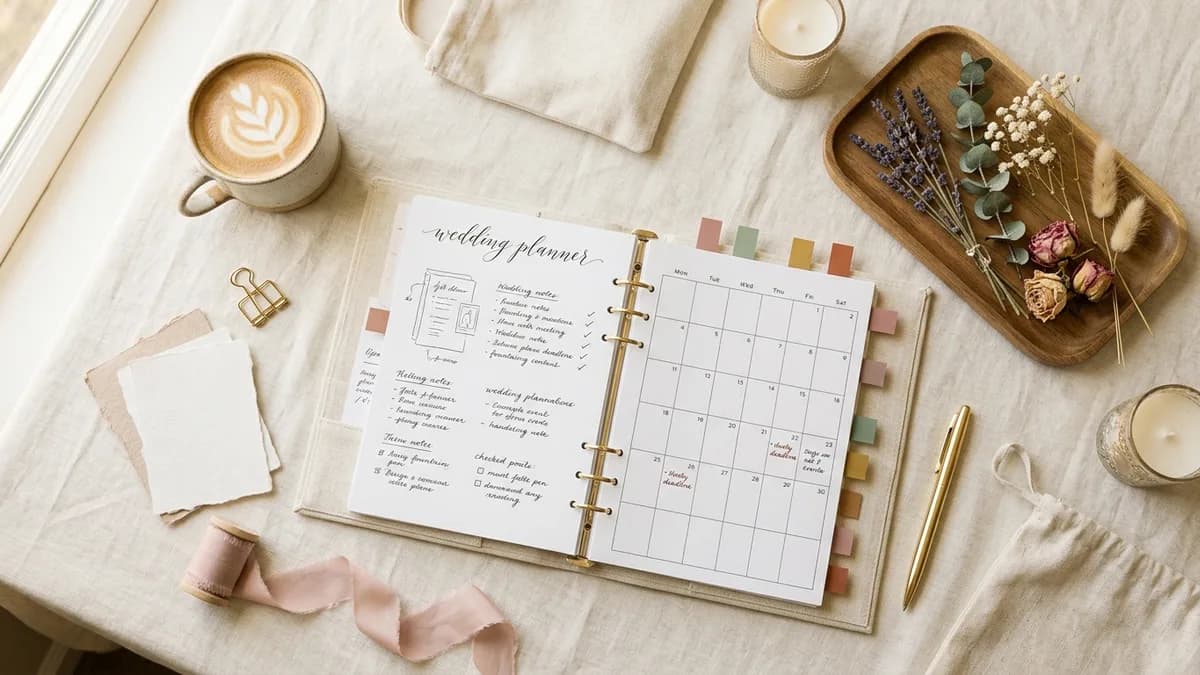 Calendar with wedding planning notes and follow-up reminders marked in colorful ink