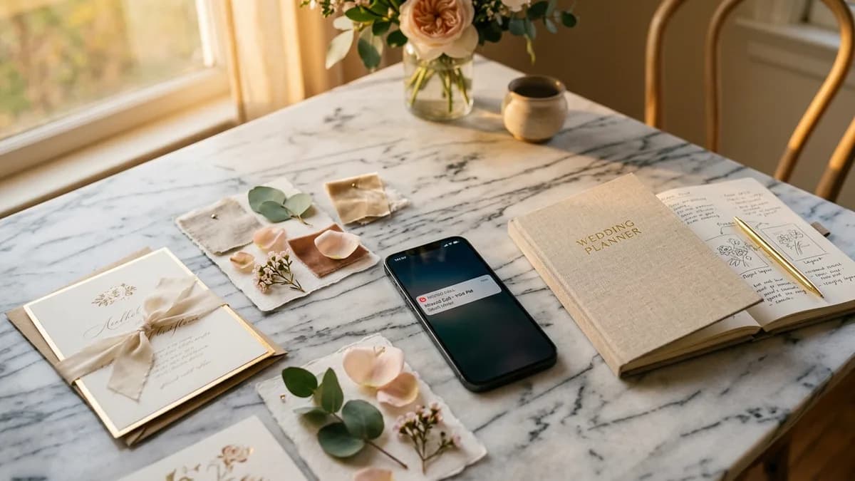 Phone ringing on a desk next to wedding planning materials with missed call notification