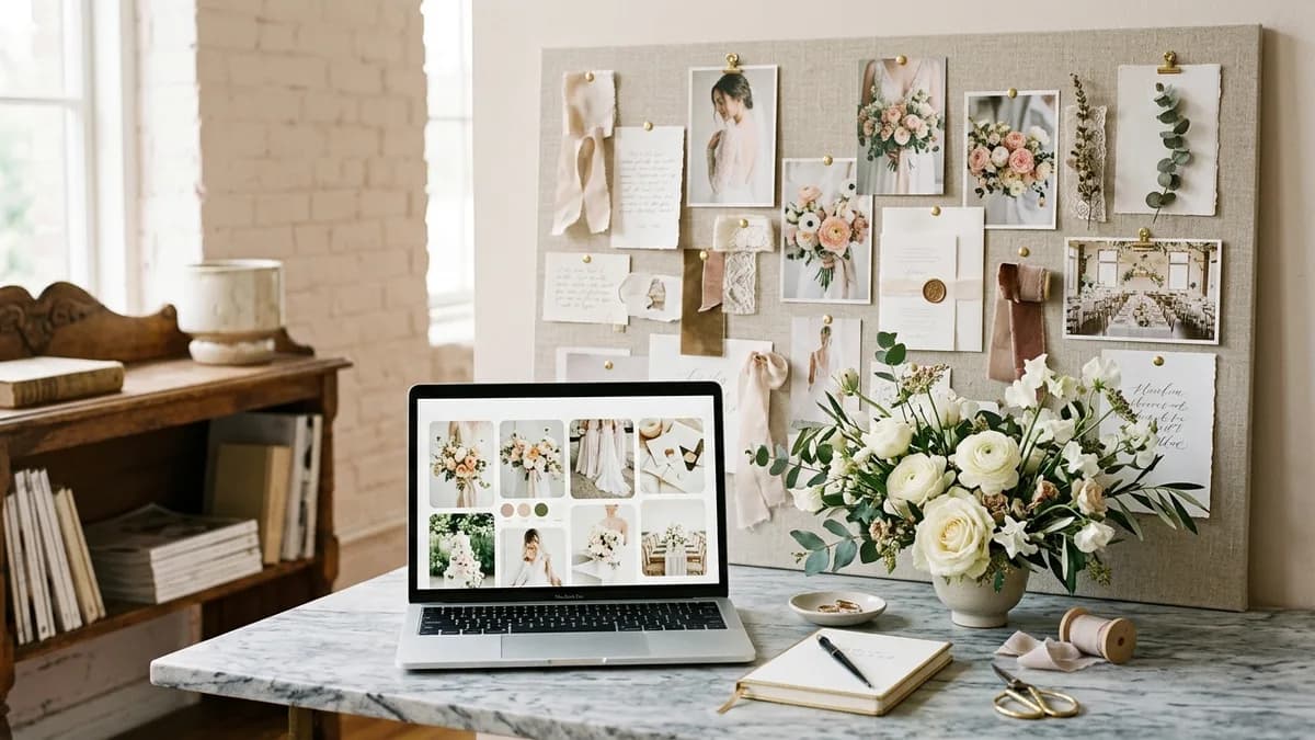 Elegant wedding vendor website displayed on a laptop in a bright creative studio